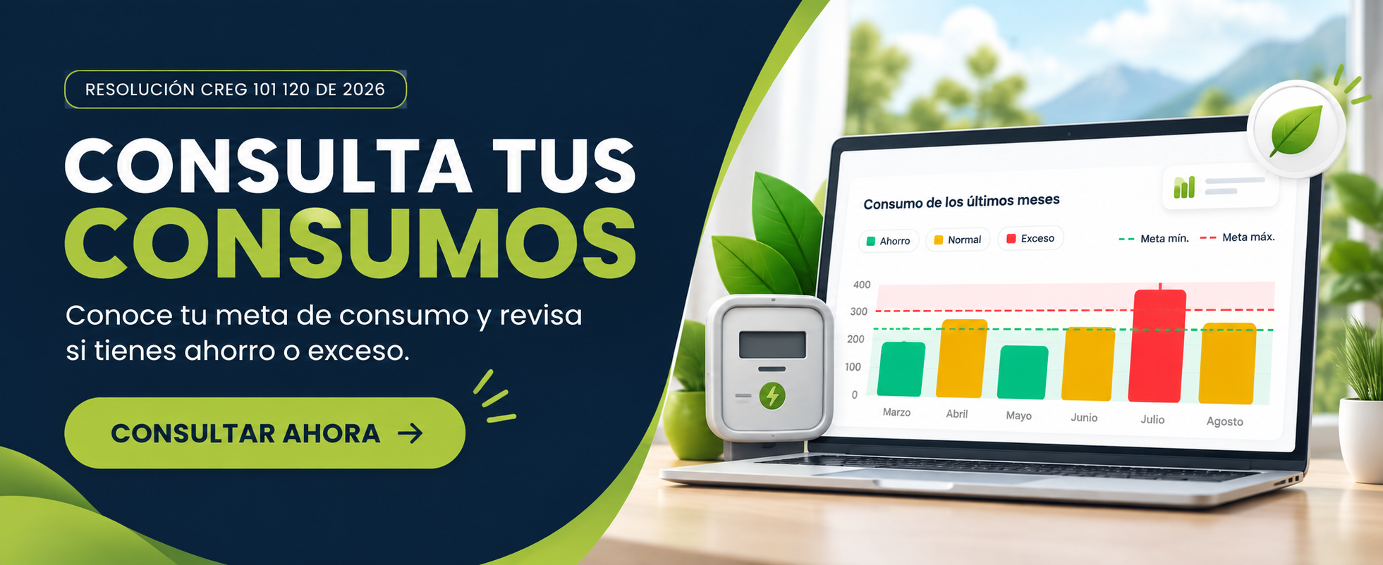 Consulta tus consumos de energía y compara tu consumo con la meta CREG.
